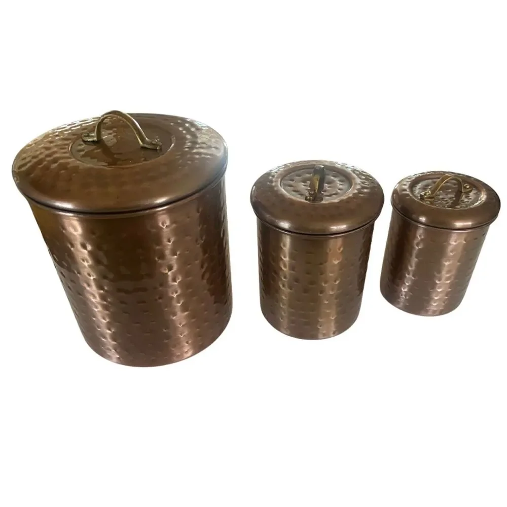 Hammered Copper Nesting Canister Set 3 Brass Handles Stainless India